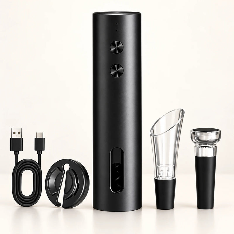 Kit ParisWine com abridor elétrico, bico dosador, cortador de lacre e tampa a vácuo