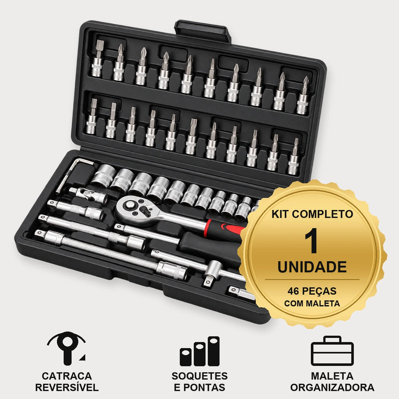 Um kit de ferramentas 46 peças com maleta aberta e selo indicando a opção de compra de uma unidade.