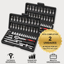 Dois kits de ferramentas com maletas abertas e selo indicando duas unidades, com 46 peças em cada kit.
